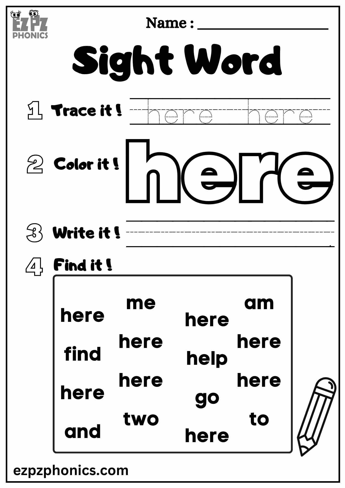 The "Here" Sight Word Worksheet for Pre-Kindergarten Students Dolch Sight Words Free PDF Download